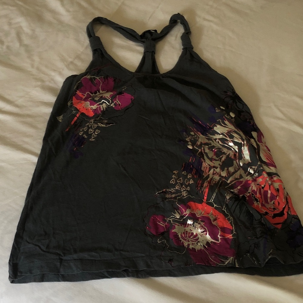 Nollie Dark Gray Floral Racerback Tank with Pink and Red Accents